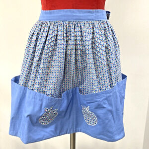 Vintage Handmade Waitress Half Apron 4 Front Hem Pockets Blue Red Green Apples